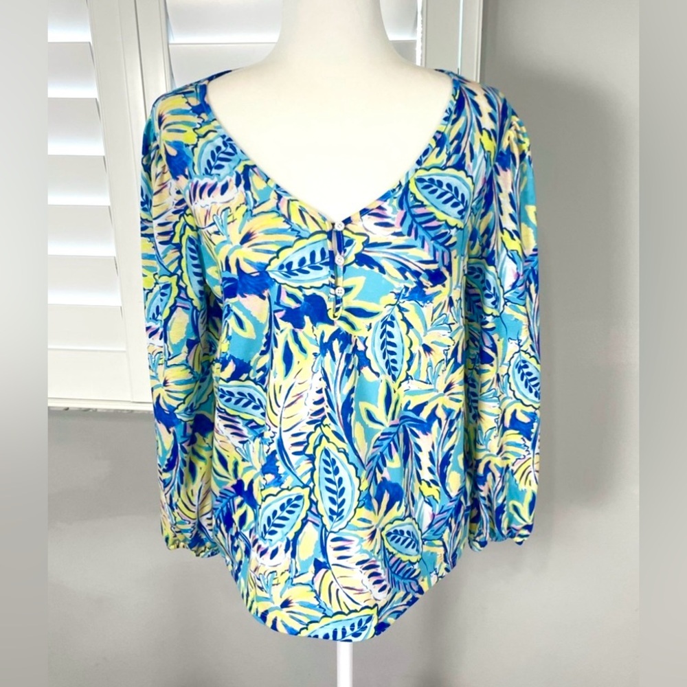 Stella Parker Collection Bell Sleeve Tropical Shirt Blue & Yellow Woman’s‎ S